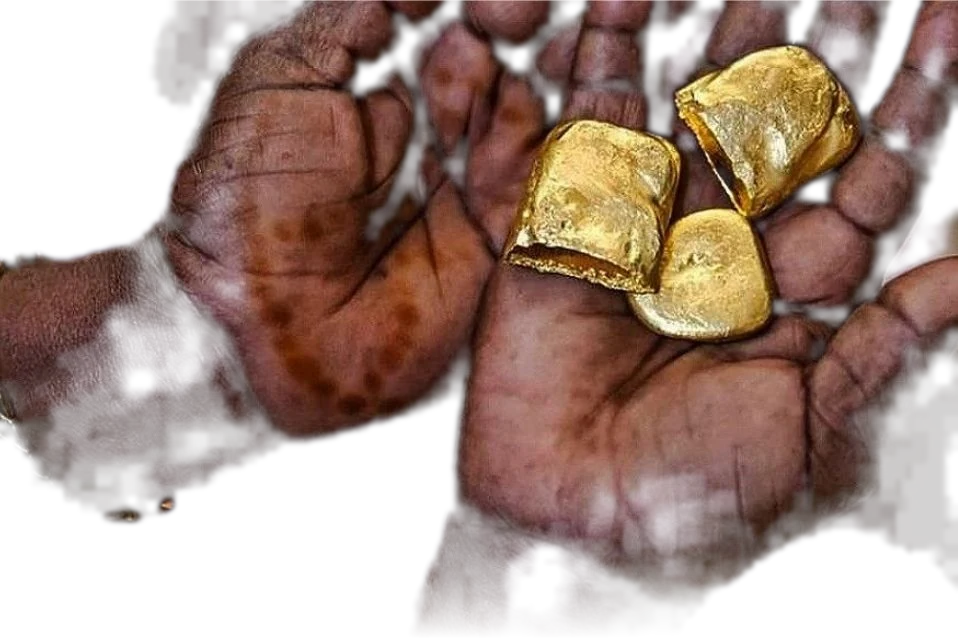 Deux mains ouvertes tenant trois pépites d'or